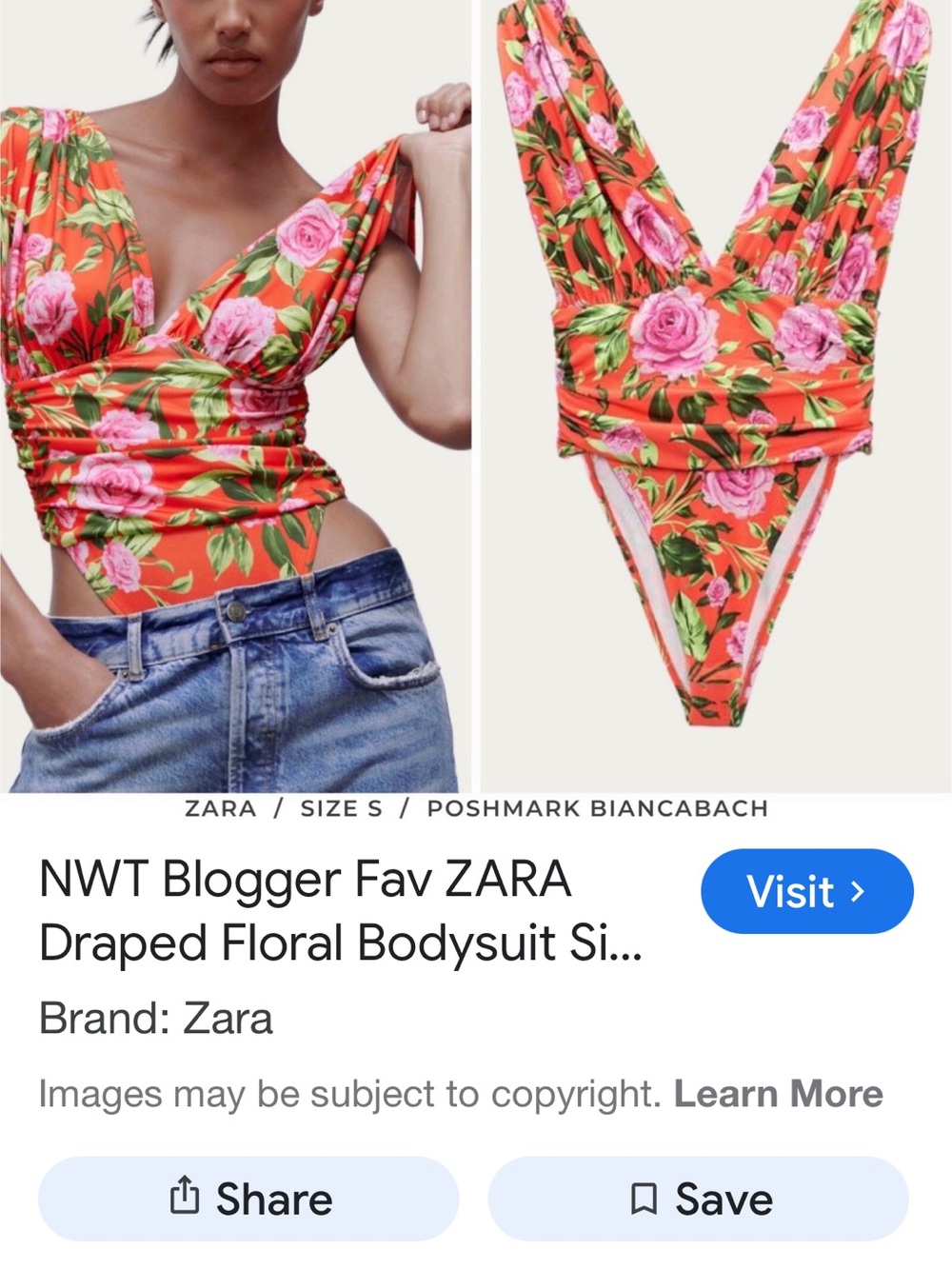 ZARA Orange Floral Draped V-Neck Bodysuit with Pink Roses